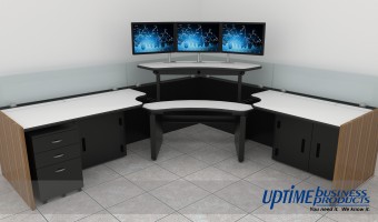 single tech control room console furniture, corner position, with multi-screen console